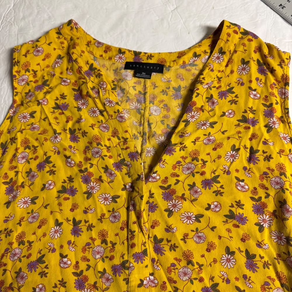 Sanctuary‎ Womens 3X Yellow Floral V-Neck Sleeveless Blouse Rayon